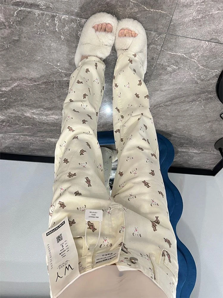 

Джинсы женские KING BRAND с принтом «Ретро-медведь», с высокой талией, прямые, свободные, широкие брюки из денима цвета экрю