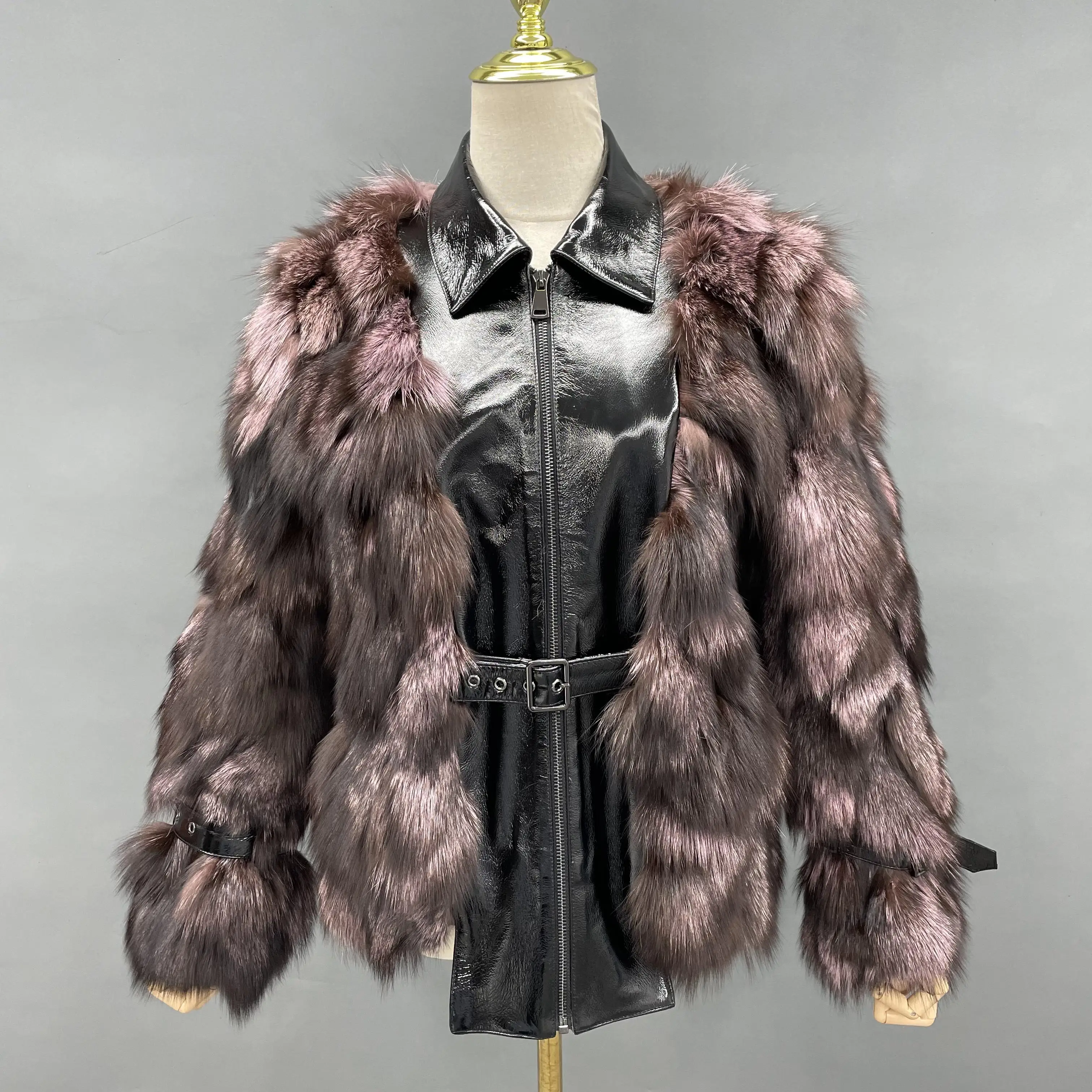 Autumn Winter Women Cool Leathet Jacket Real Fox Fur Coat Fashion Sheepskin Leather Coat