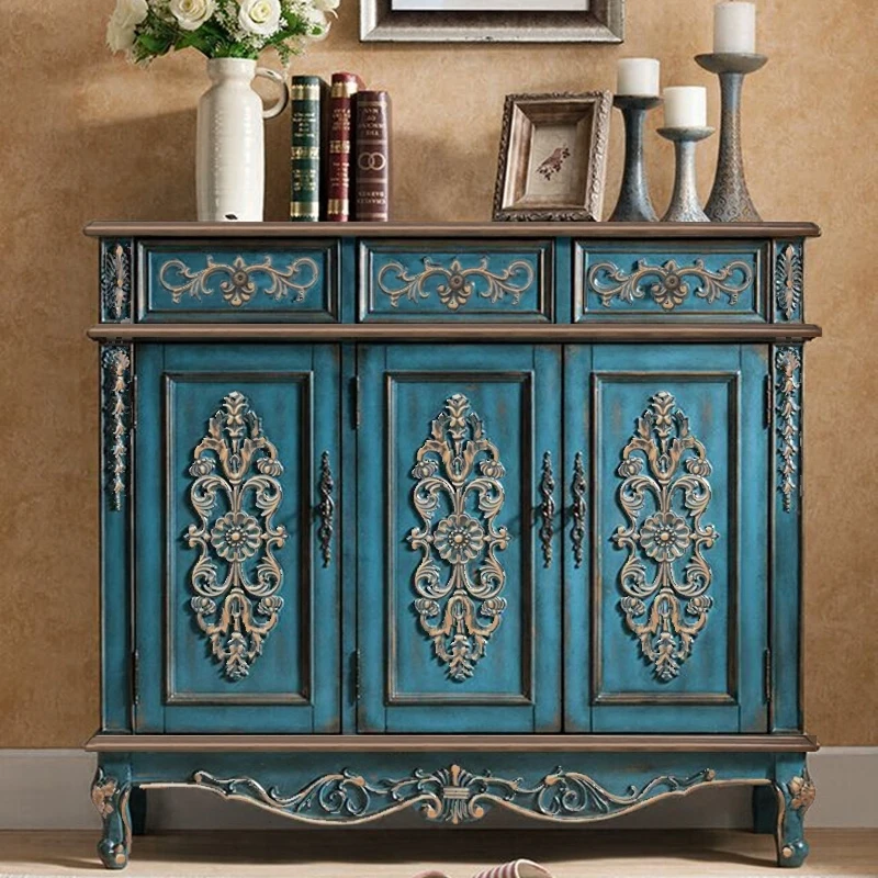 

European-style blue shoe cabinet household entrance door solid wood entrance porch cabinet capacity storage locker blue aisle ca