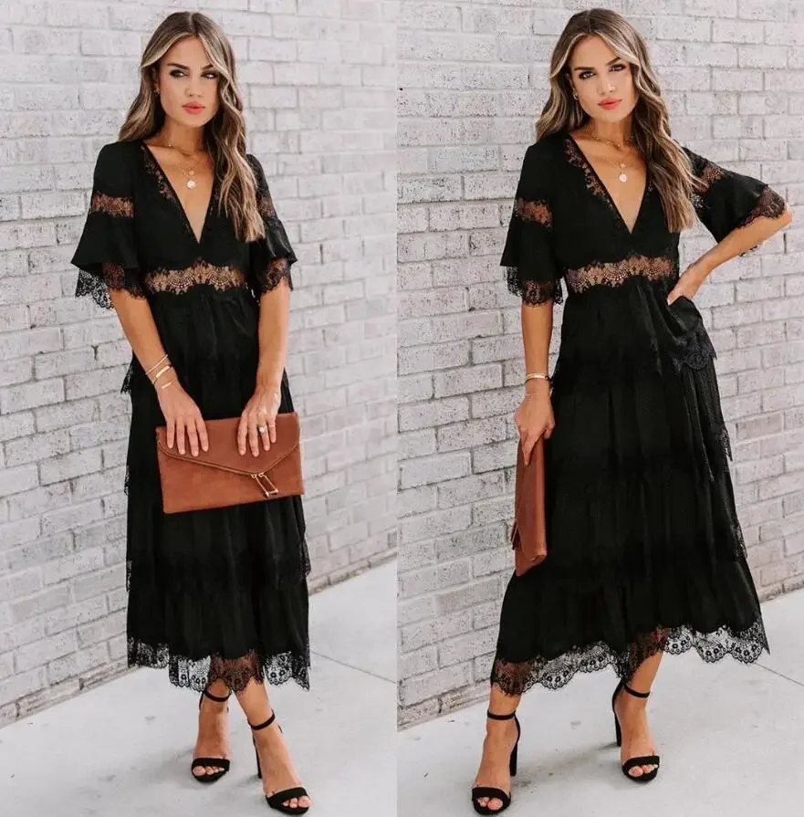 Vestidos Boho Hippie Chic White Women Sexy V Neck 1/2 Sleve Lace Patchwork High Waist Cake Maxi Dress Lady Beach Dress 2020