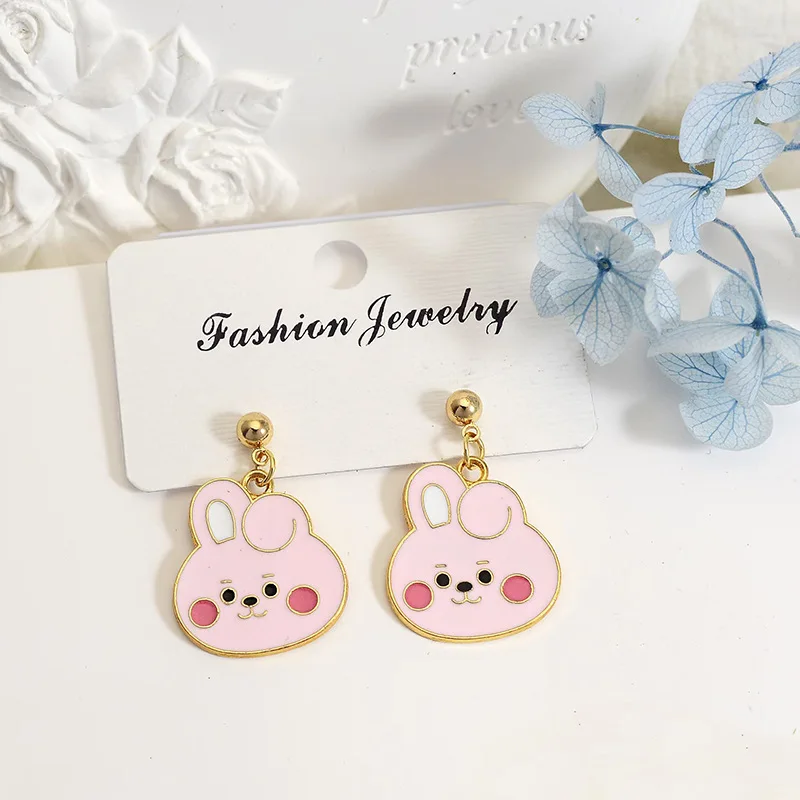 1/7Pcs Set New Bt21 Earrings for Girls Boy Kawaii Cartoon Bt21 Small Animals Hanging Earring Accessories Jewelry Gift Bijoux