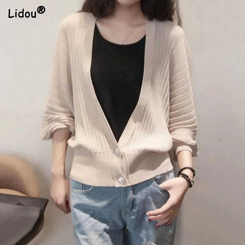 

Korean Solid Button Embellishment Cardigan Batwing Sleeve Spring Summer Thin Women's Clothing Wild Sun Protection Clothing Shawl