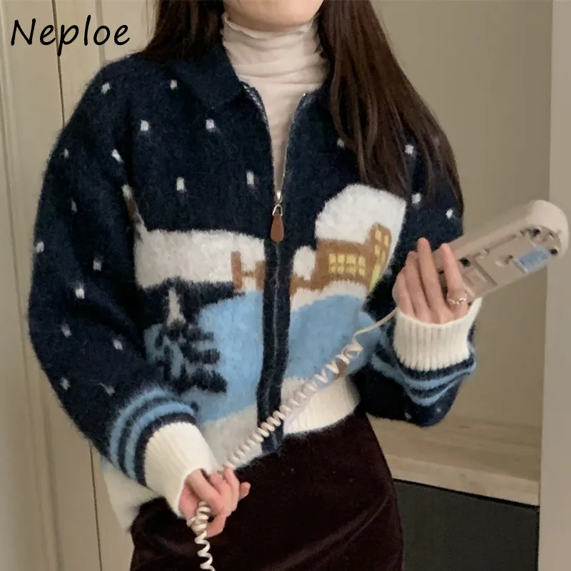 

Neploe 2025 Autumn Winter Atmosphere Snowflake Pattern Knitted Cardigan Femme Lapel Collar Zipper Casual Style Sweater Coats