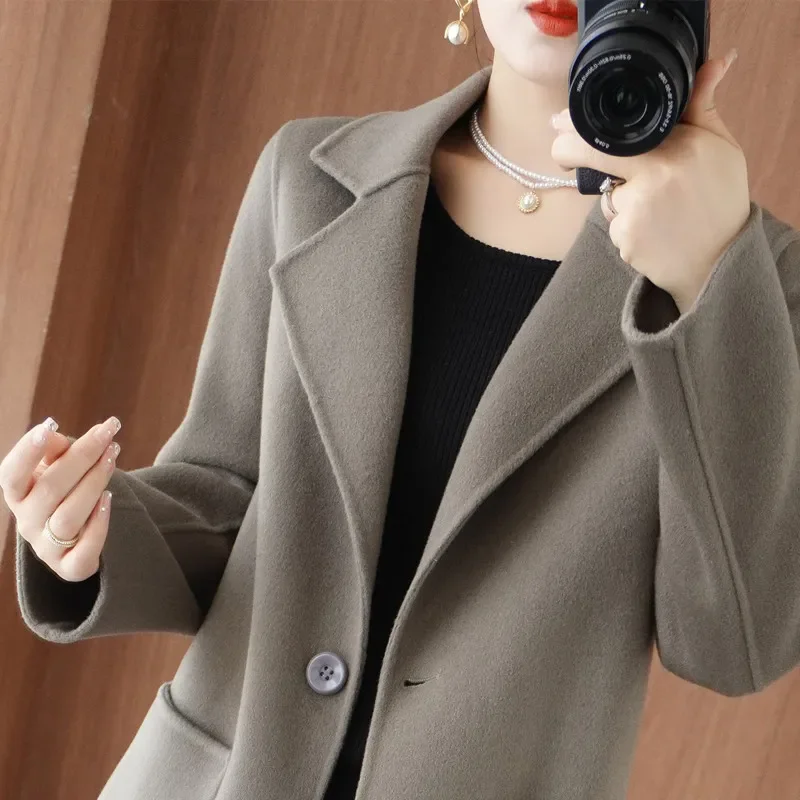

100% Pure Wool Double-Sided Cashmere Trenchcoat Jacket Women Overcoat Fall Winter New Fashion Slim Mid-Long Casual Woolen Coat