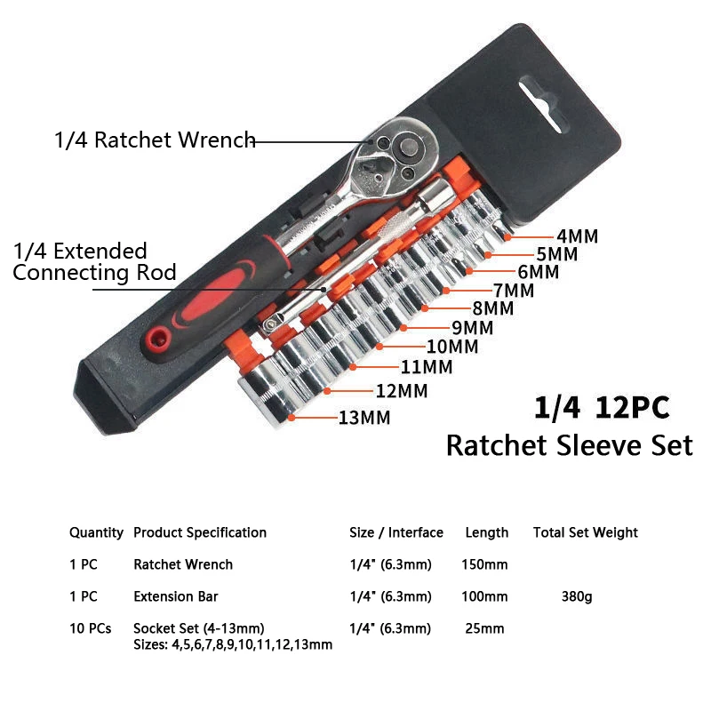 

Привод 1/4 дюйма, 12 шт. Набор головок с 24 зубьями, быстроразъемная трещотка CR-V, набор инструментов с удлинителем и 10 розетками 4-13 мм для ремонта автомобилей