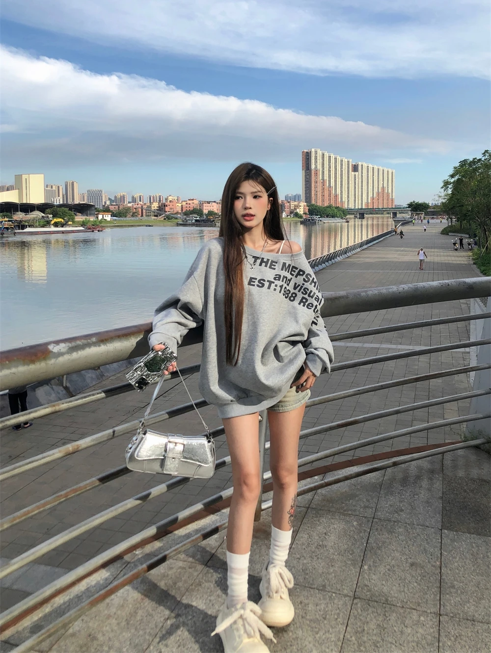 Grey Hooded Women Clothing Vintage Street Sweatshirt Hiphop Y2K Letter Printing Pullover Long Sleeves Warm Oversize Ladies Tops