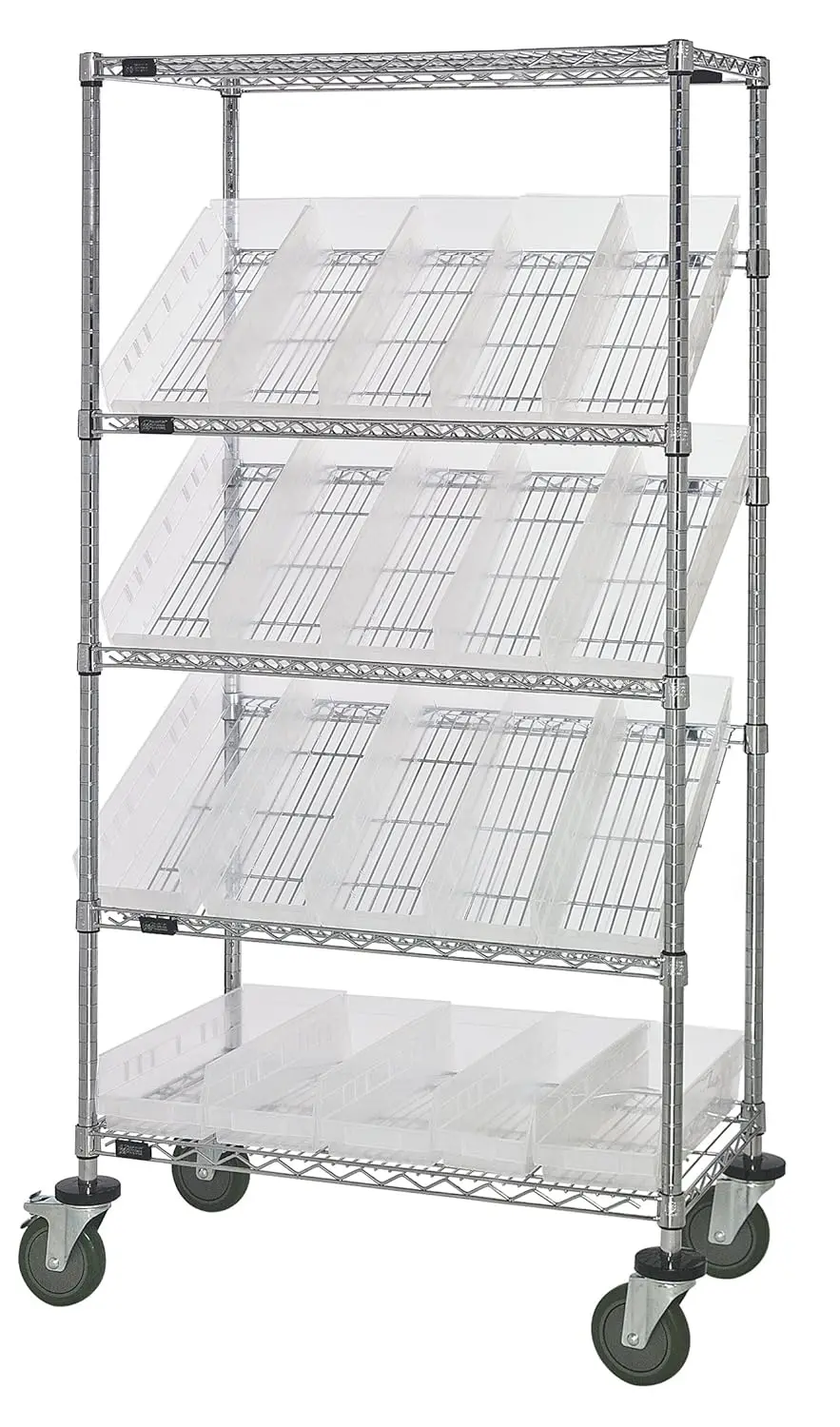 Quantum Storage Systems Wrcsl5-63-1836-104Cl 5-Tier Slanted Wire Shelving Suture Cart W/ 20 Qsb104 Clear Shelf Bins, 2