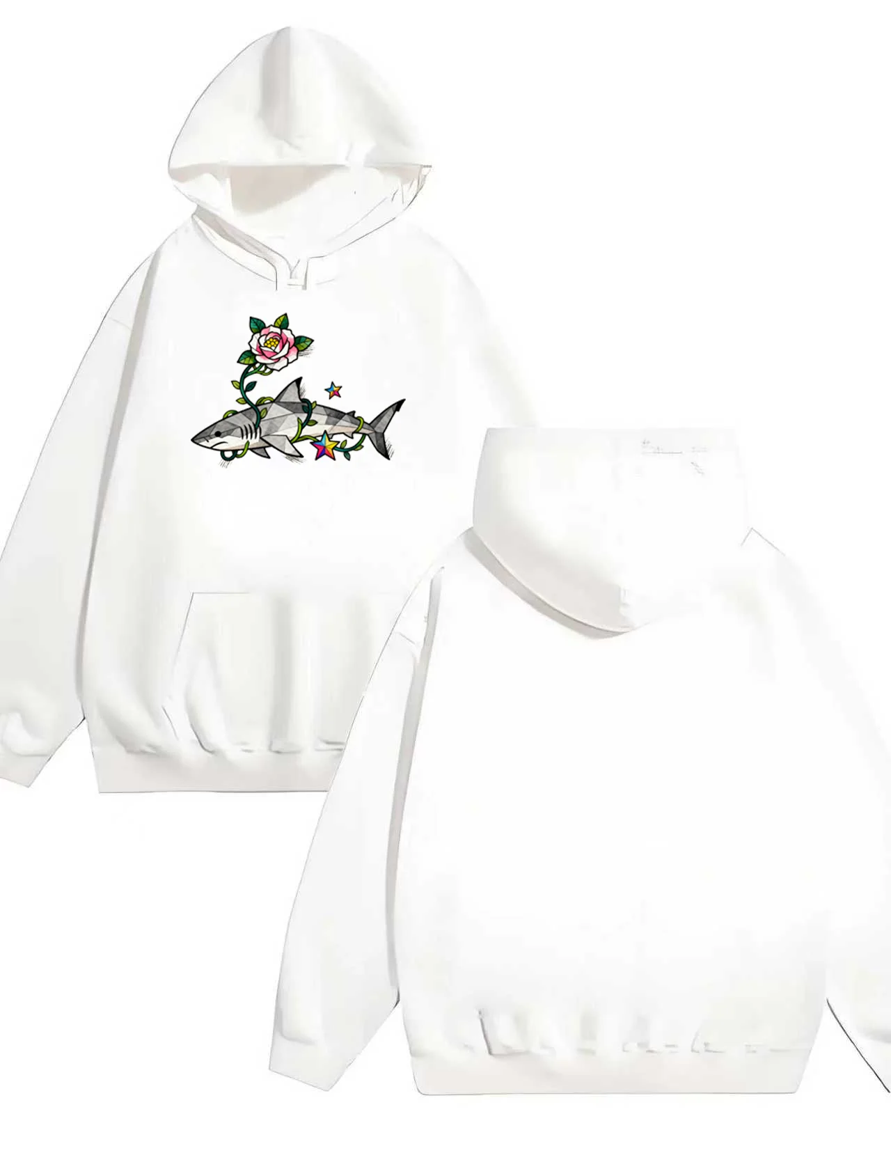 The 2025 new men's and women's fashion loose 330G heavy-duty hooded sweatshirt features a fashionable floral salted fish print
