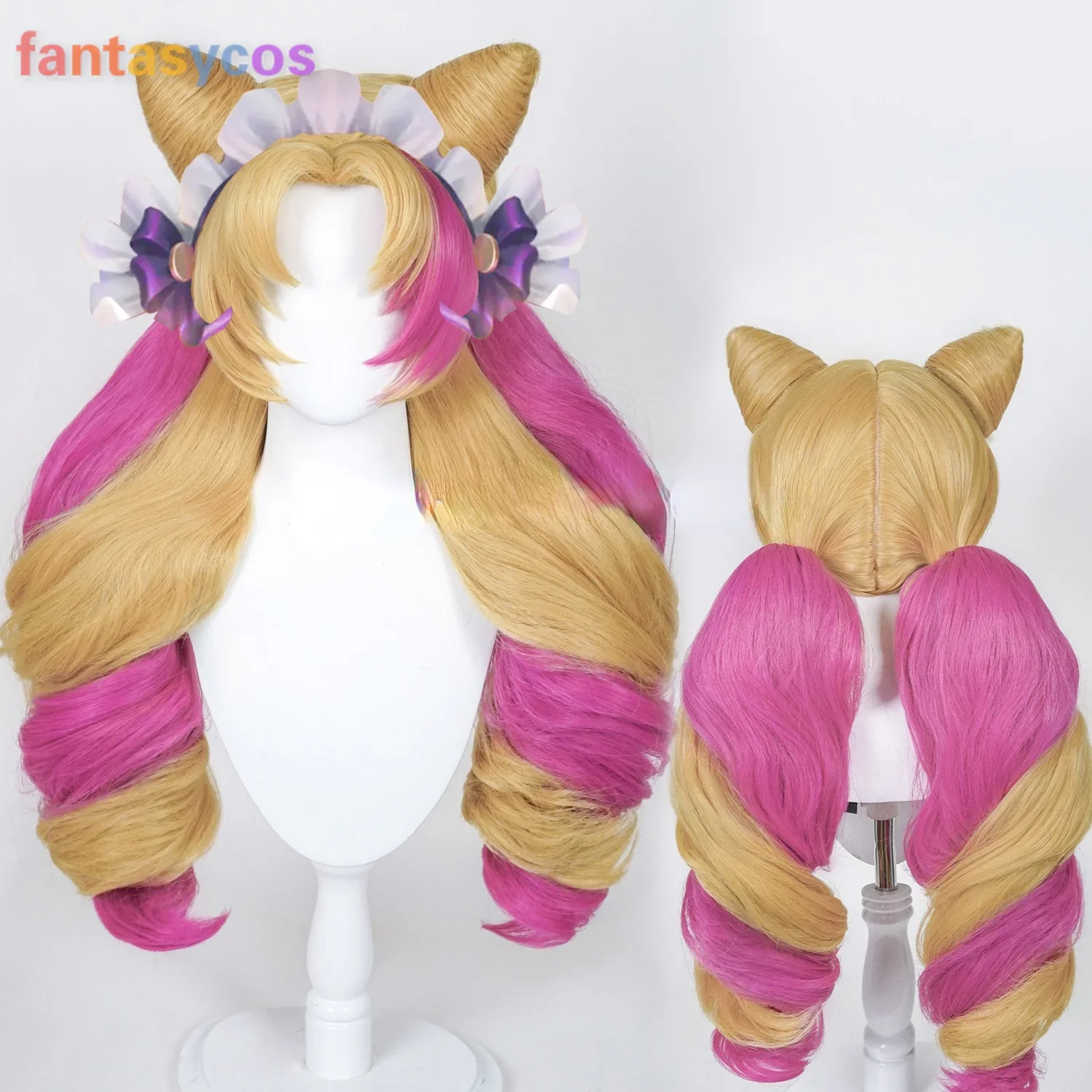 LoL Gwen Cosplay Cafe Cutie Cosplay Wig 70cm Wave Yellow Pink Mixed Wig with Ears Heat Resistant Wigs for Halloween Costume