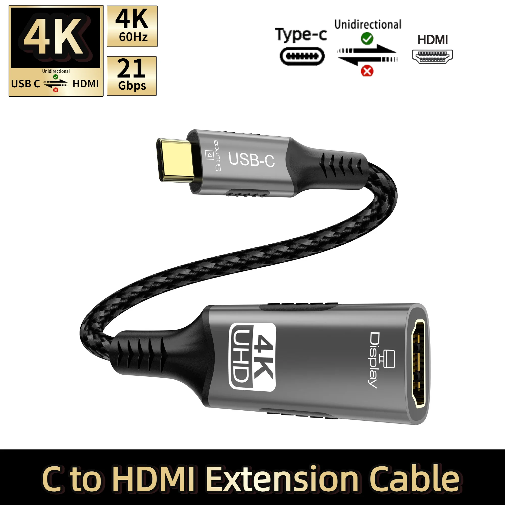 4K@60Hz USB C to HDMI Adapter USB Type-C to HDMI Extension Cable Thunderbolt 3/4 to HDM Adapter for iPad Pro/Dell XPS/Surface