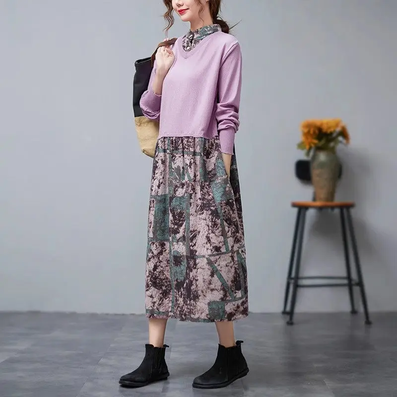 

2024 Autumn New Artistic Splicing Printed Fake Two piece Dress Long Sleeve Casual Large Size Loose Bottom Dress For Women a042