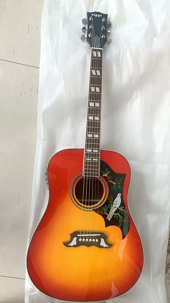 Free Shipping New Arrival DOVE Pro Folk Acoustic Electric Guitar With Bone Nut/Saddle Top Quality In Cherry Sunburst 200407