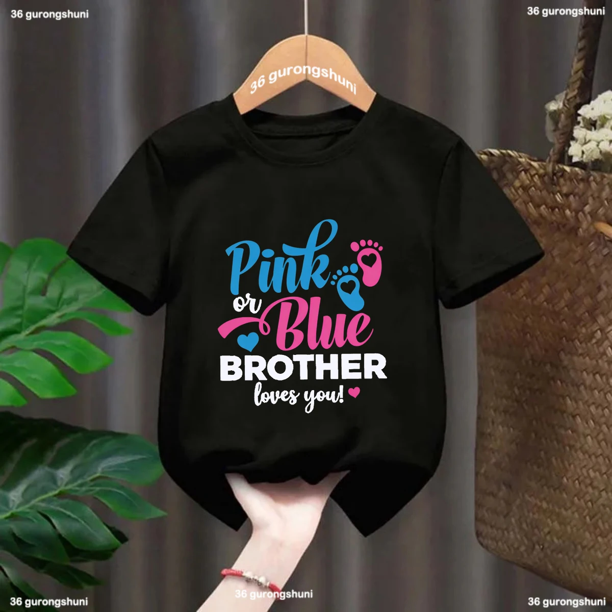 Pink or Blue Loves You Graphic Kids T-Shirt, Footprint Gender Reveal Toddler Tshirt, Big Brother/Sister Short Sleeve Tshirt Tops