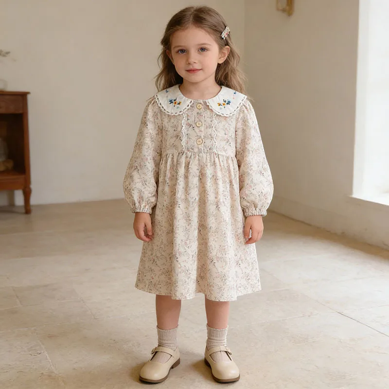 

Girls Dress Spring New Children's Long Sleeve Floral Embroidered Collar Fashionable Sweet Girl Dress