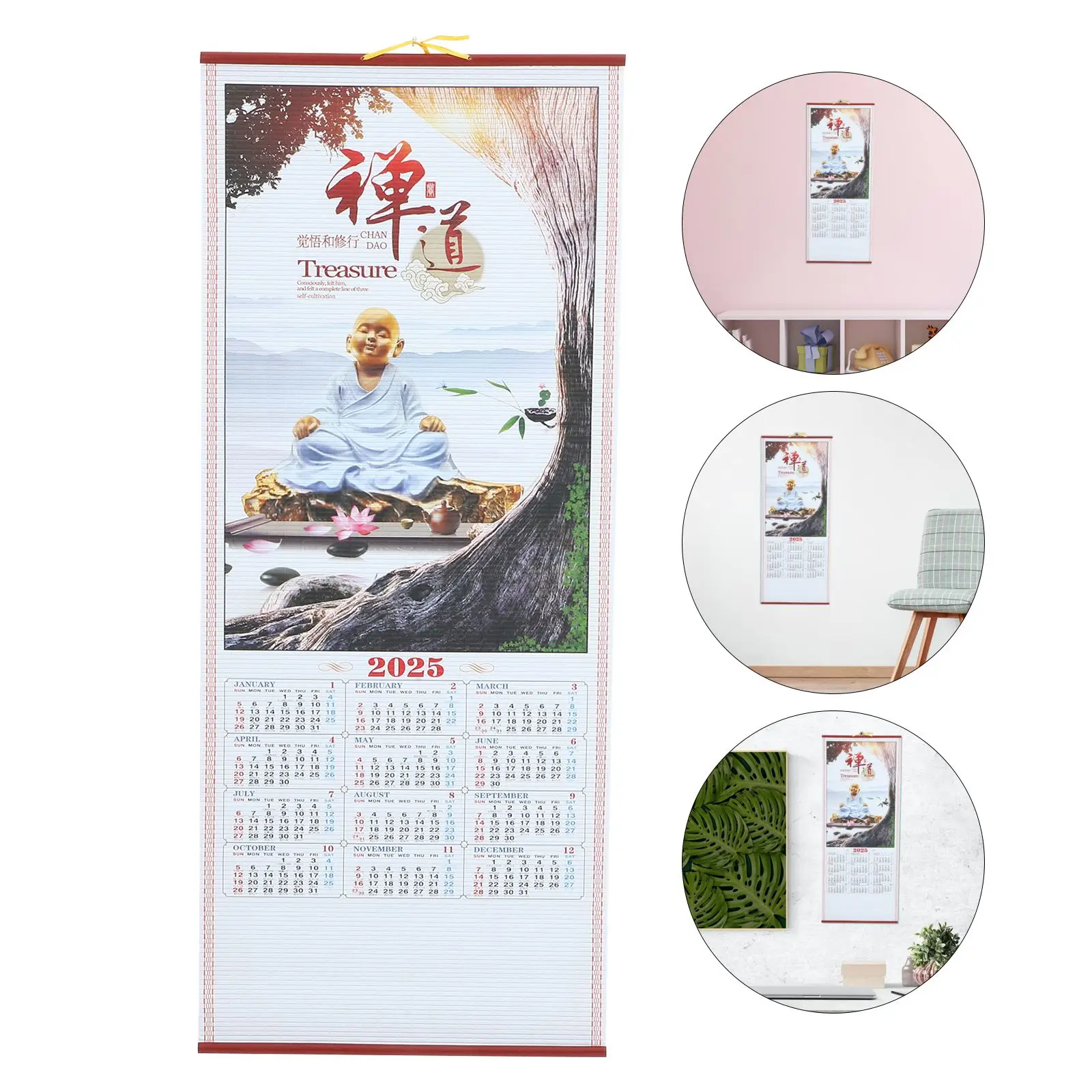 

Year of The Snake Wall Calendar Chinese Scroll Household Monthly Hanging Paper Rattan Office Wood for Dating 2025 Room Daily