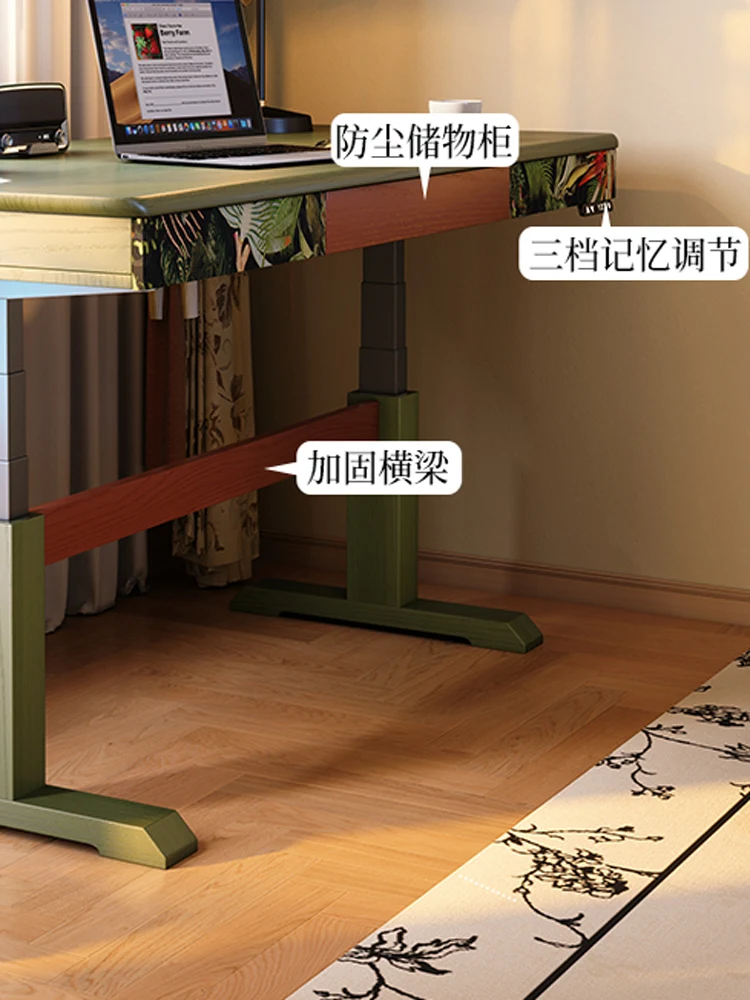 New electric lifting table French retro home solid wood workbench antique computer study table