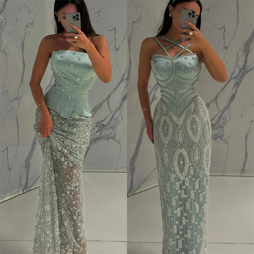 

JDY Custom Heavy Handmade Beaded Floor-Length Mermaid Ball Gown Sleeveless Elegant Evening Gown Crystal Illusion Party Dress