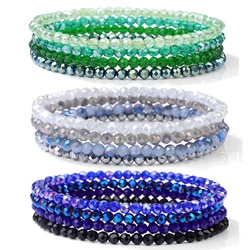 Pulsera elástica de cuentas de cristal brillante para mujer, brazalete de cuentas de cristal colorido facetado bohemio, Juego de 4 piezas