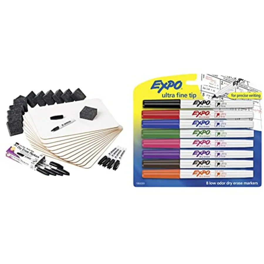 

Набор для занятий с досками для сухого стирания: 12 белых досок, 2-дюймовые фетровые ластики и черные маркеры для сухого стирания 35036, а также Expo Lo