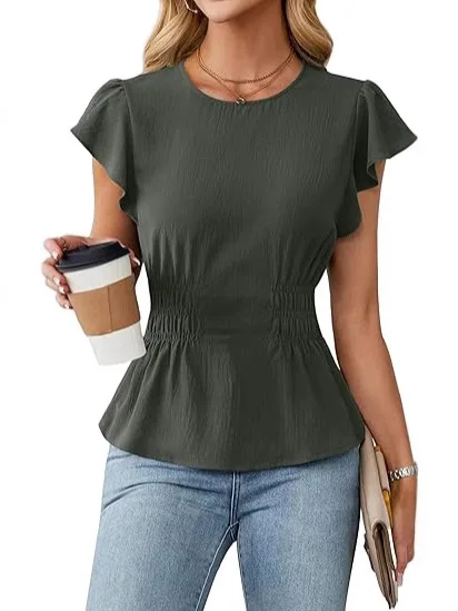 Women Ruffle Short Sleeve Blouse Round Neck Elastic Waist Peplum Tops Casual Solid Color Slim Fit Shirt view 4