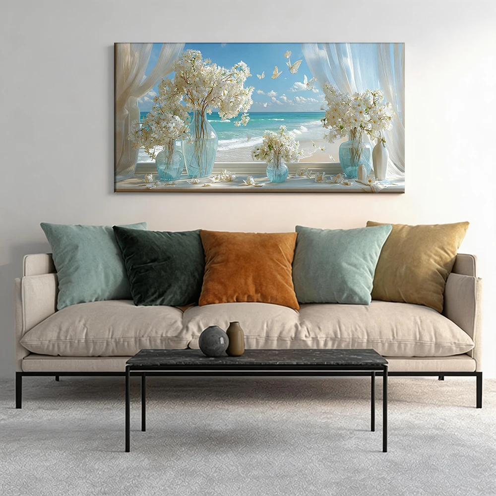

Large-sized solid wood frame canvas painting 1pc Window view, blooms, butterflies.