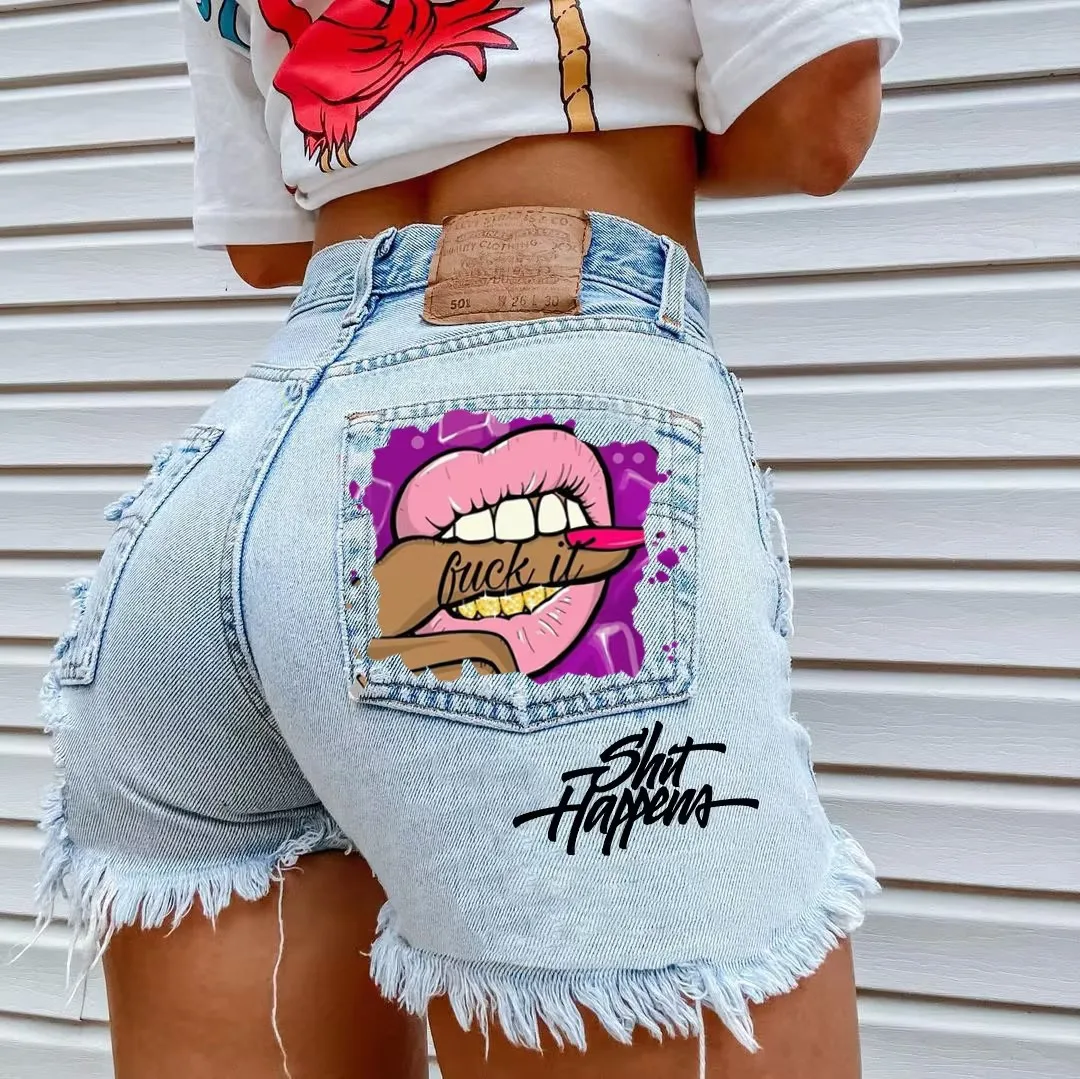 Pantalones cortos vaqueros con estampado de labios para mujer, moda de verano