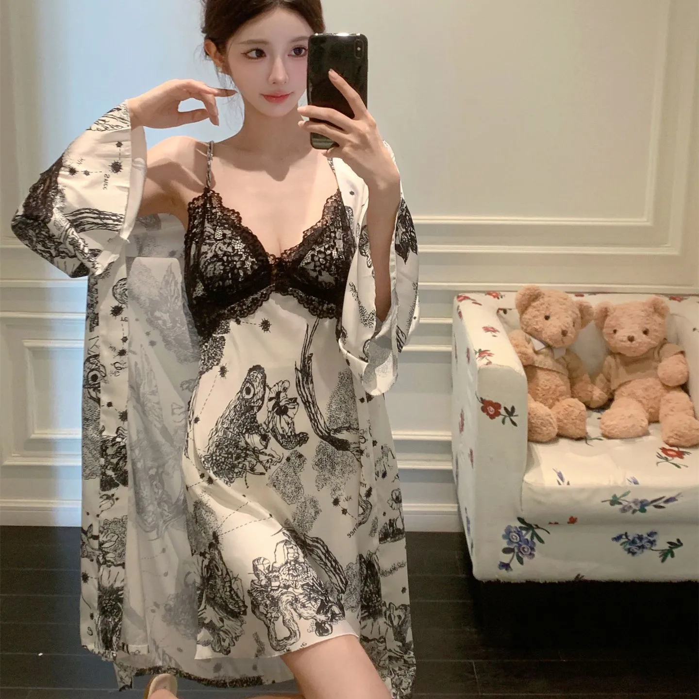 

Print 2pcs Robe Sleep Suit Women Bridal Kimono Bathrobe Gown Lingerie Satin V-Neck Sleepwear Strap Nightgown Loungewear