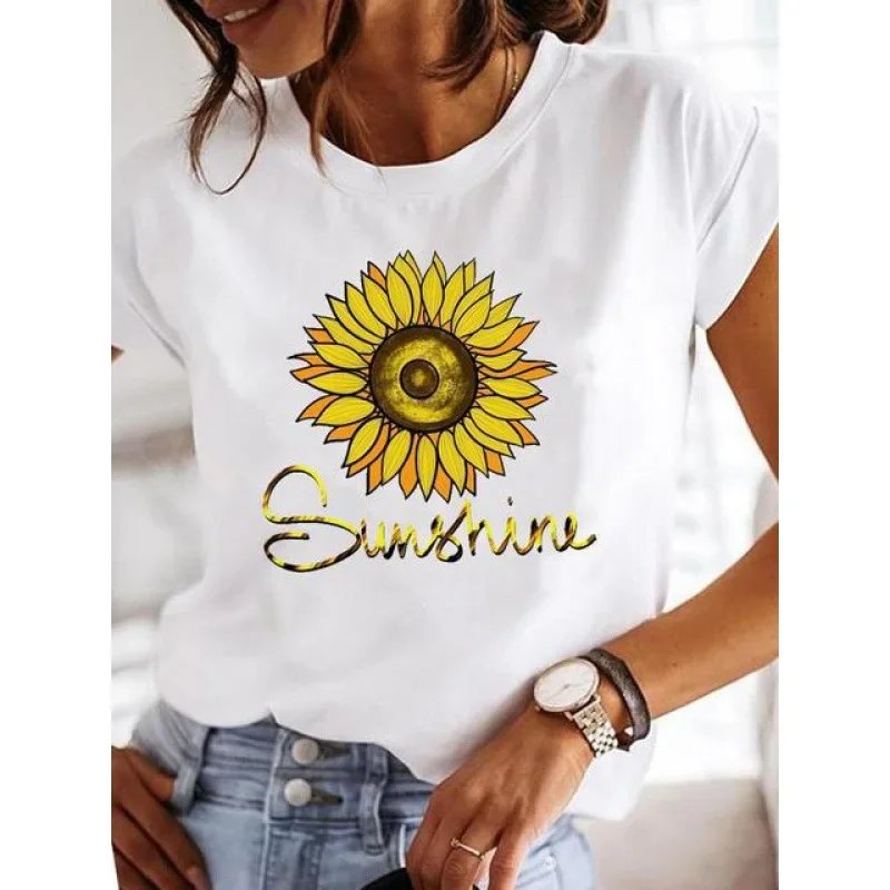 Explosive Women's Sunflower Butterfly Women's Retro Letter Trend Cute T-shirt Tops Graphic T Shirts Harajuku  Aesthetic Clothes