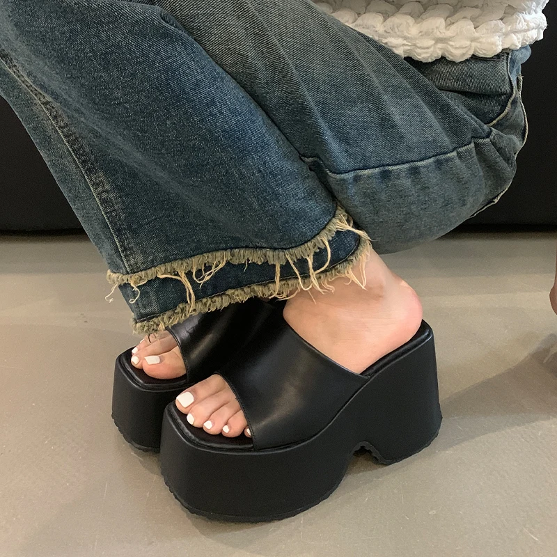 11cm Chunky Heels Black Slippers 6cm Platform Wedges Sandals Summer Block High Heels For Women White Shoes Sandalias 2024 Mujer