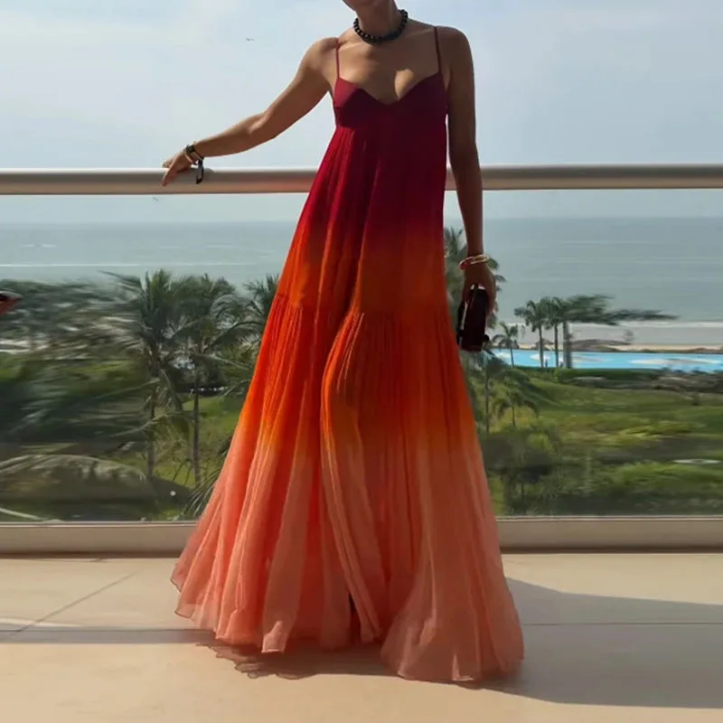 Casual backless swing lange jurk mode V-hals hoge taille geplooide strandjurk gradiënt bedrukte mouwloze camisole damesjurk