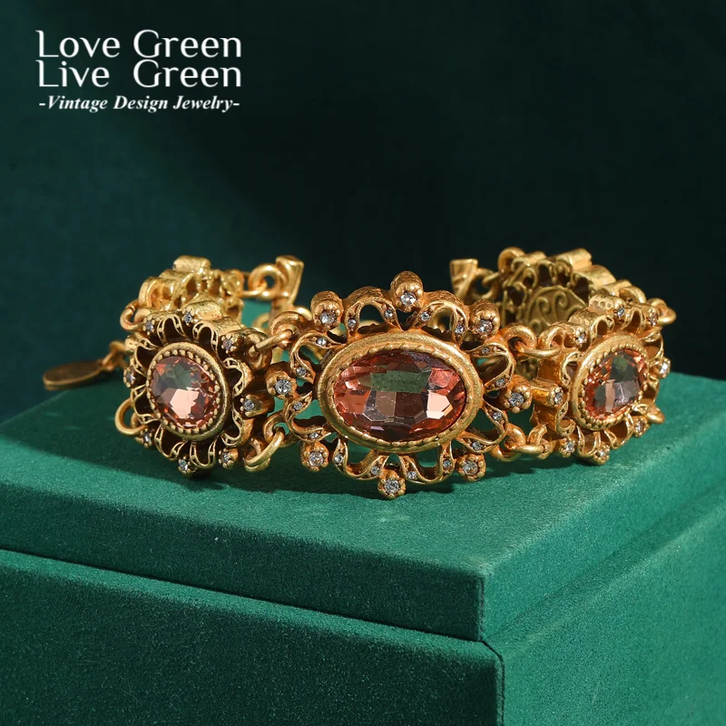 

Винтажные розовые овальные браслеты с кристаллами для женщин, дворцовые ретро-готические украшения, аксессуары цвета античного золота, подарок на день матери