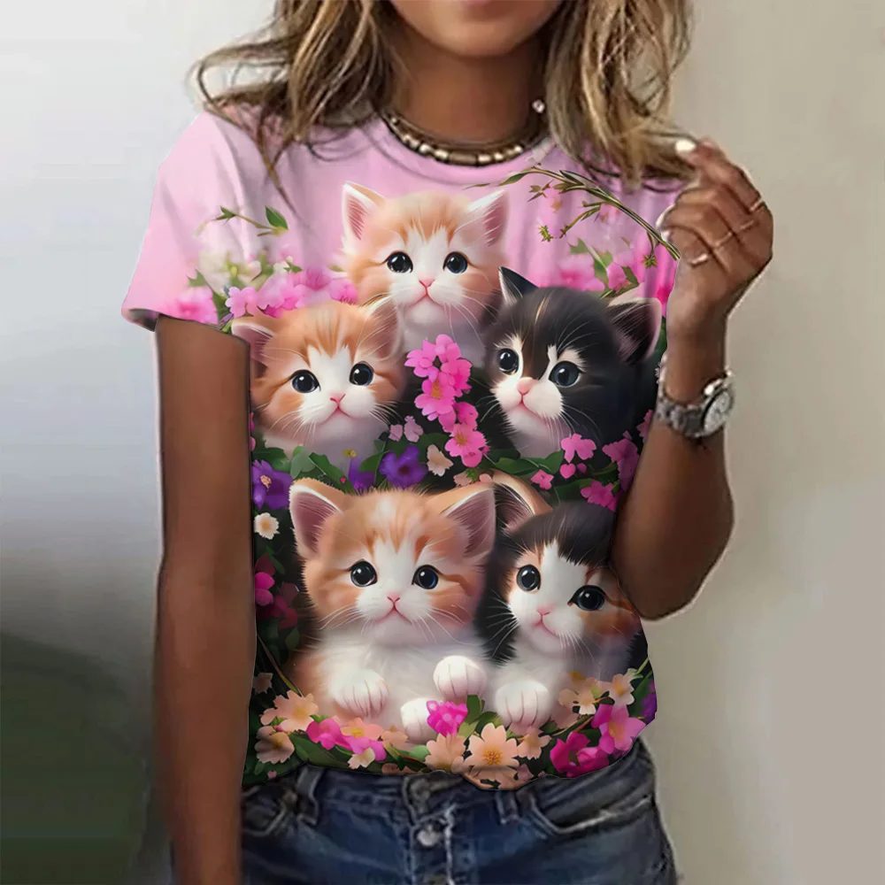 Cartoon Cat 3D Print Kitten T-Shirts Women Fashion O-Neck Short Sleeve T Shirt Y2k Harajuku Oversized Tees Tops Female Clothing