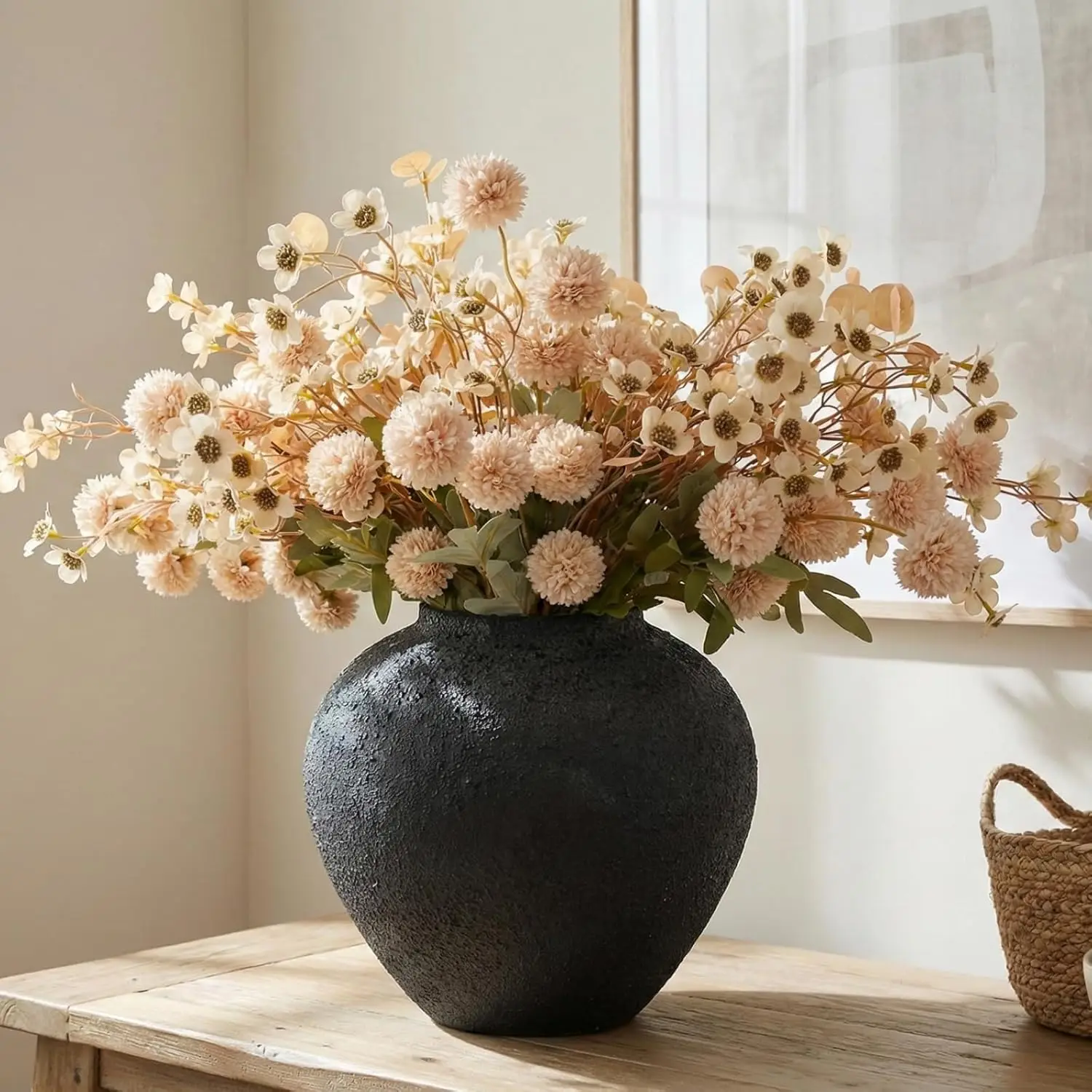 

Бежевые шелковые цветочные композиции для домашнего декора, большие цветочные центральные элементы с искусственными бочками и эвкалиптом