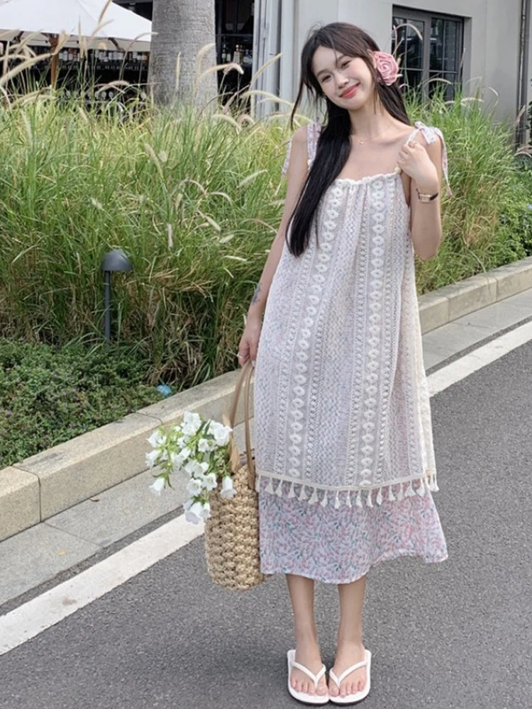 Vestido Floral ter F Chic Retrô com Franjas e Detalhes em Camadas, Saia A-Line Doce para Férias, Moda Fena Prim...