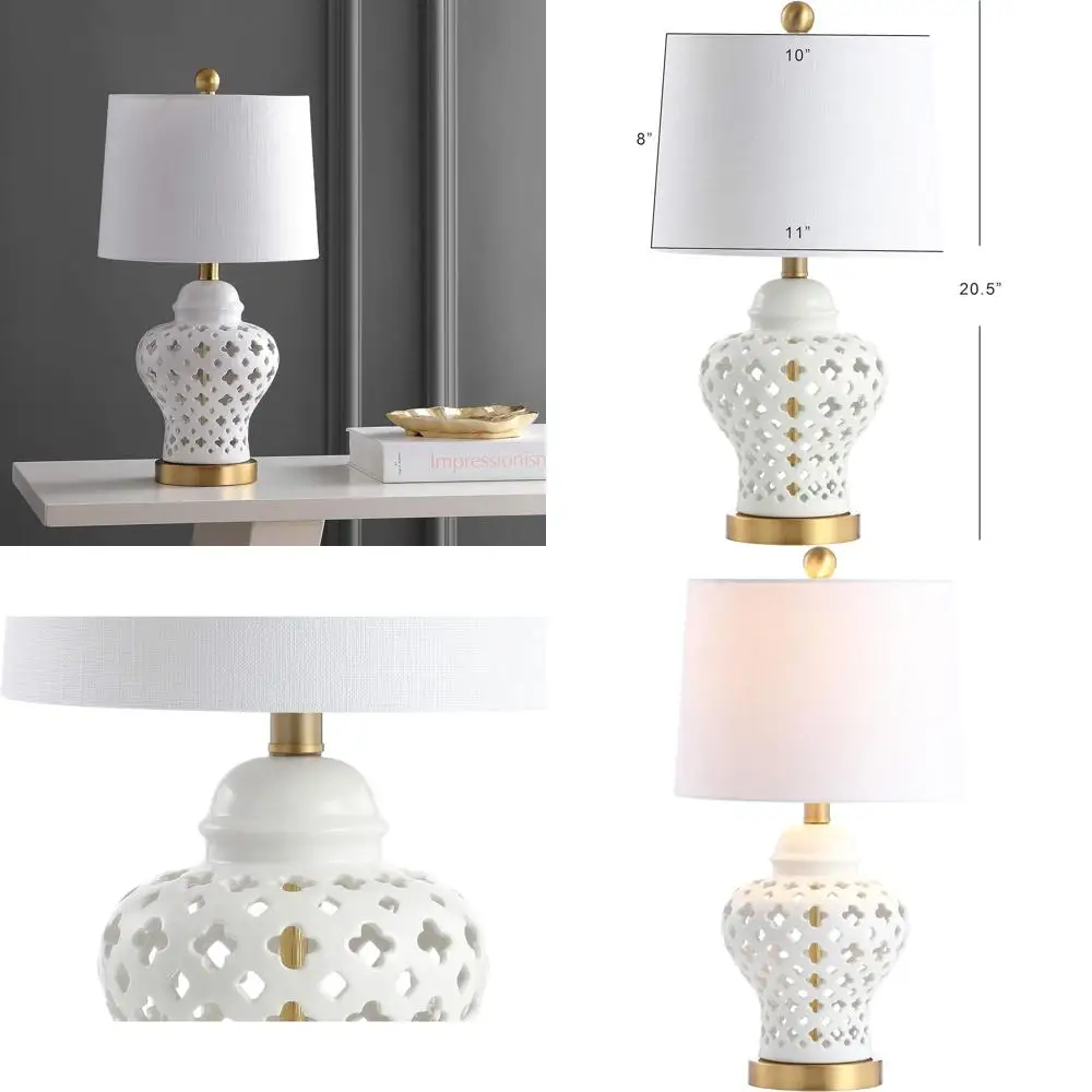 

20.5 Quatrefoil Fretwork Pierced Ginger Jar LED Table Lamp - White, Glamorous Bedside, Desk, Bedroom, Living Room, Office, Colle