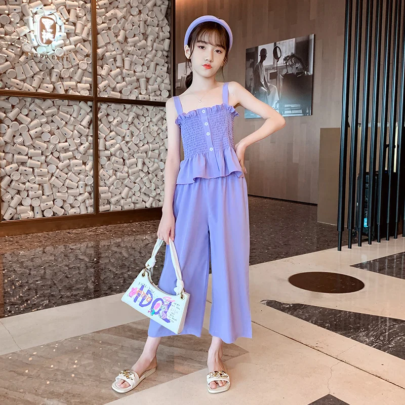 

Summer new girls suits 2022 factory cheap suspenders wide leg pants two-piece children's square collar spring and autumn baby's