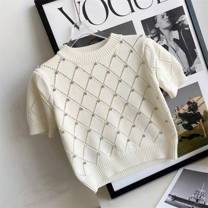 Diamonds Argyle Knitted Korean Sweater Women 2023 Summer Short Sleeve O-neck Knitwear Pullover Elegant Stylish Chic Tops Jumpers