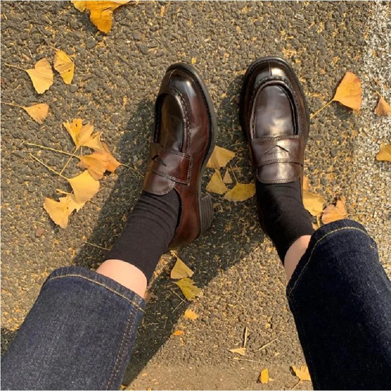 

High-quality Cow Leather Shoes Woman Spring New Retro Thick Heel One-pedal Shallow Loafers Low Heels Office Single Shoes Women