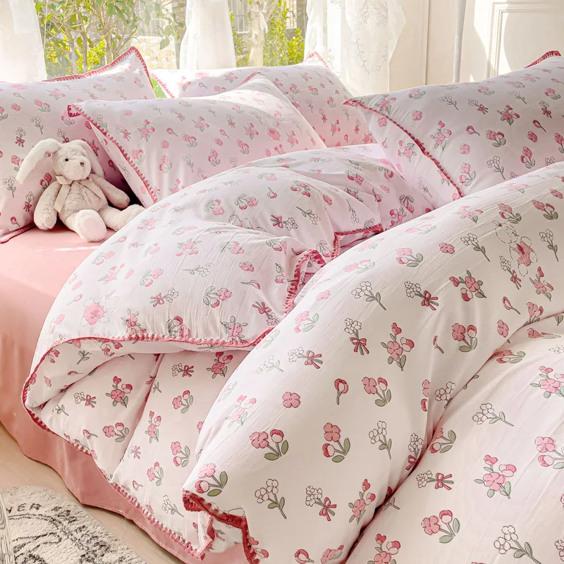 Pastoral Girls Flower Bedding Sets, Washed Cotton Bed Linens, Soft Quilt Cover Sheet Set, Simple Bedspread, Home Textiles