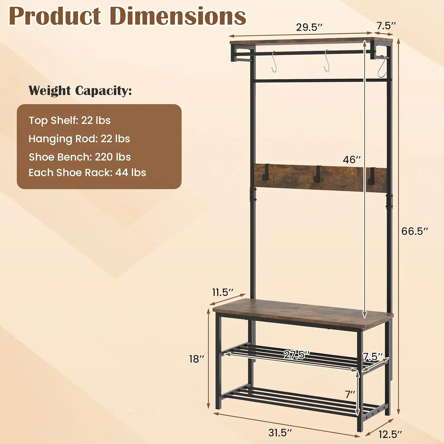 Hall Tree with Bench and Shoe Storage, 4-in-1 Industrial Coat Rack with 6 Removable Hooks, Hanging Rod & Top Shelf,, Customized