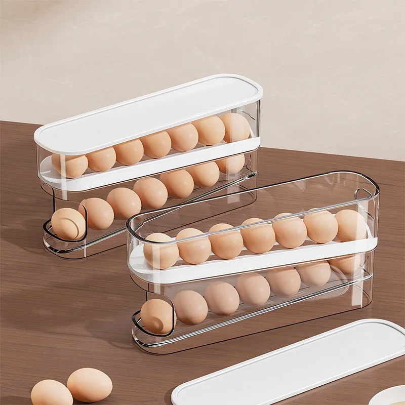 Bilayer Fridge Egg Storage Box Automatic Rolling Eggs Holder Rack Ladder Style Refrigerator Eggs Dispenser Egg Organizer Holder