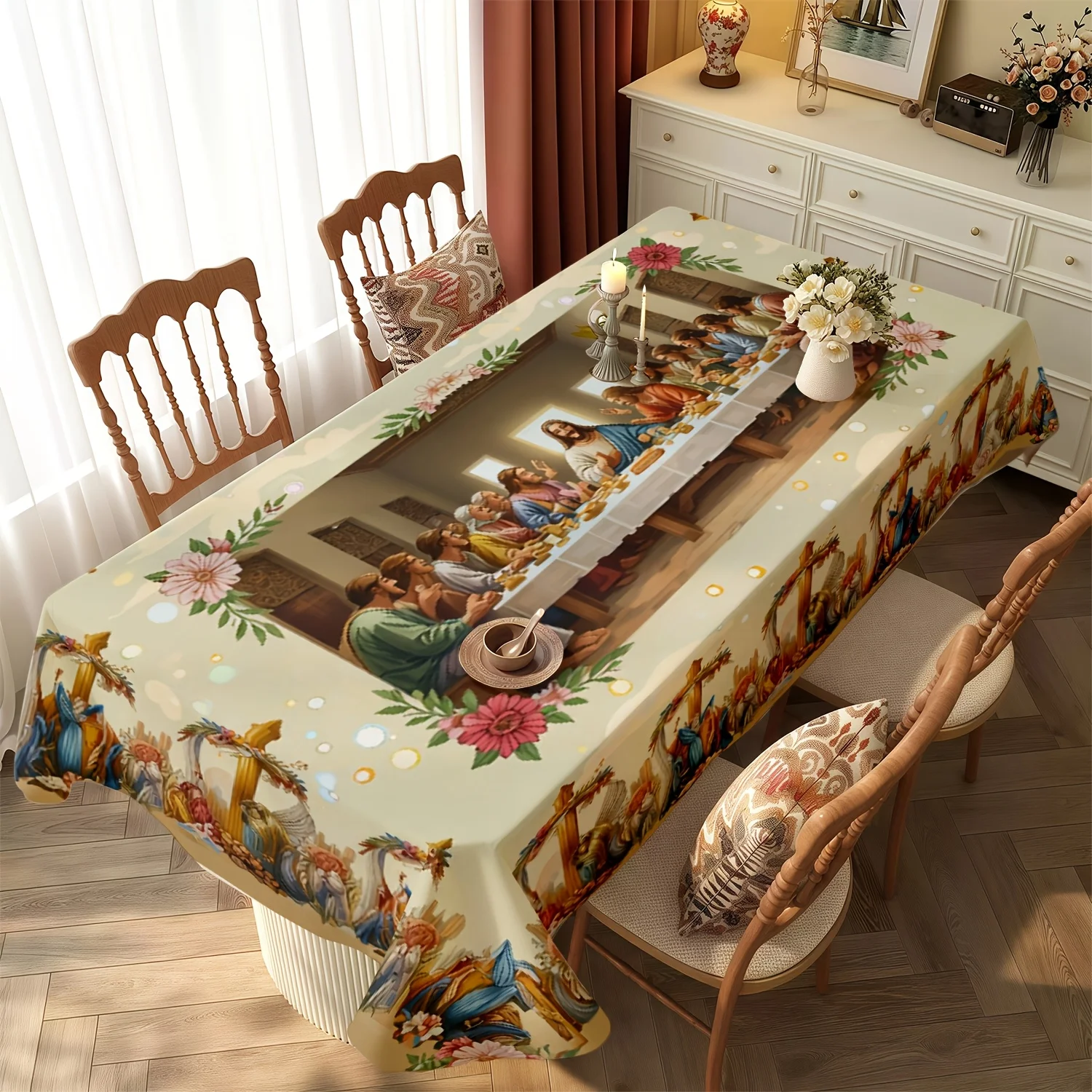 Last Supper Religious Art Tablecloth, 2D Flat Printing Design with Golden Crosses Floral Frames and Angels, Decorative Polyester Table Cover for Church Events Holy Communion Celebrations Dinner Parties, Sacred Biblical Scene Elegant Vintage Style, 1pc