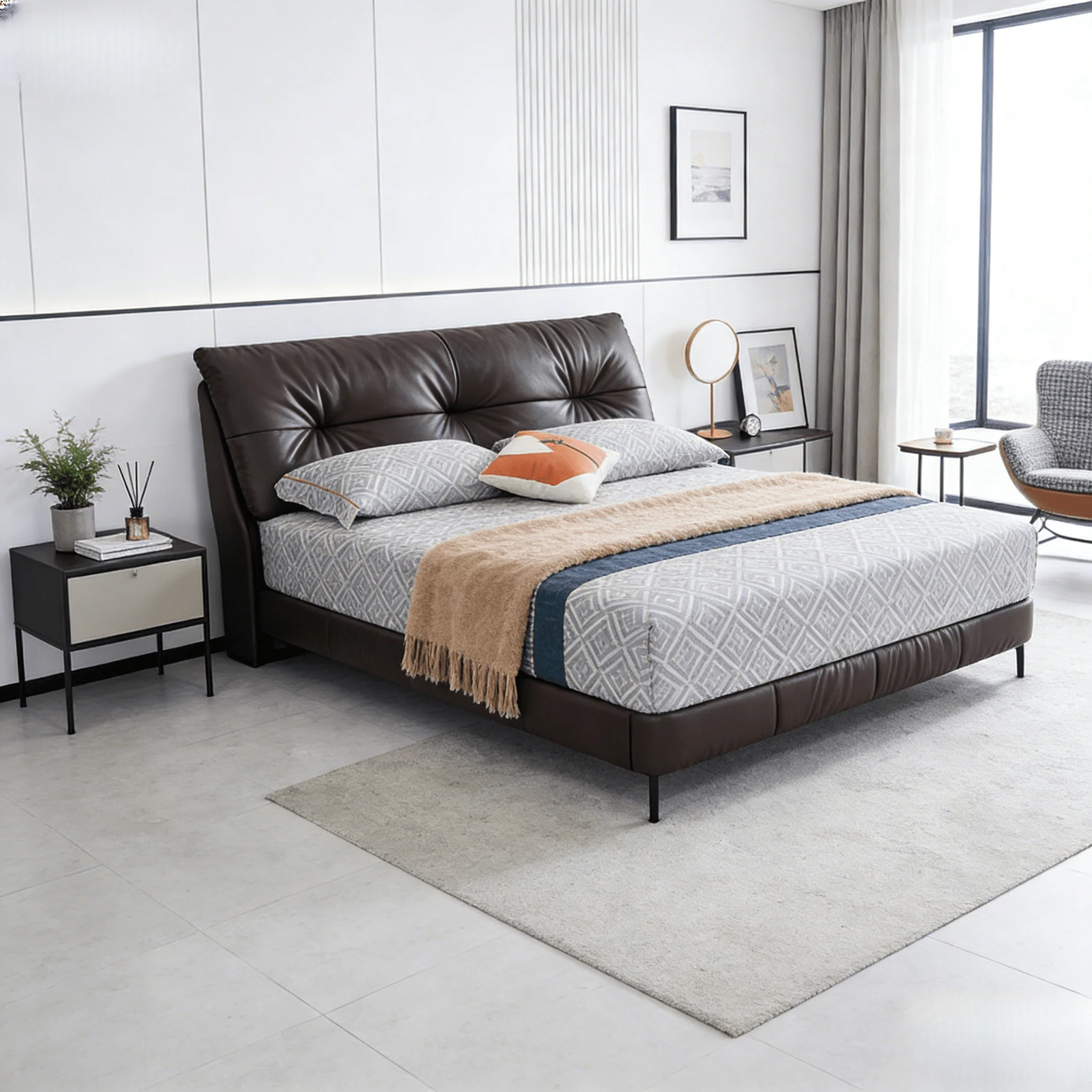 # S Source Factory Modern Heavy Duty Luxury Queen Bed With Soft Light Upholstery Stable Load Bearing Bedroom Furniture