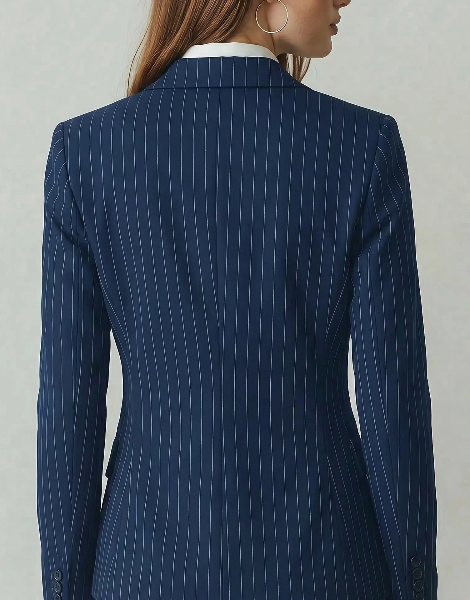 New style dark blue striped waist-cinching suit, high-end feeling, business trip, slim, one button, small suit jacket