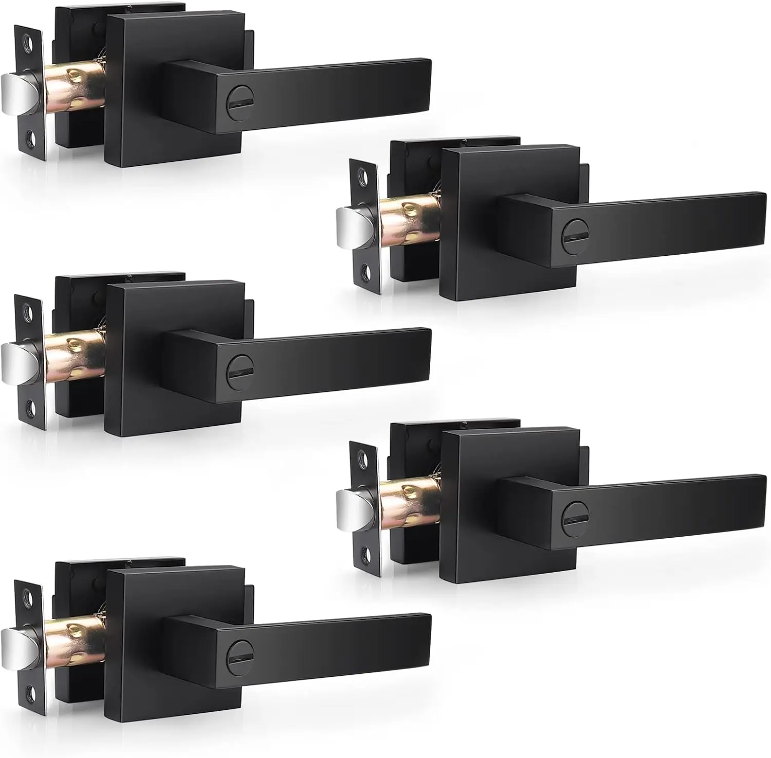 Probrico 5 Pack| Square Privay Levers for Bed and Bath in Matte Black Finish, Heavy Duty Interior Locksets Keyless Leversets