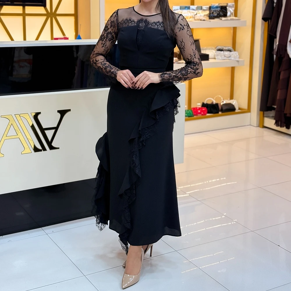 

Customized A-line Evening Dresses Ankle-length O-neck Full Sleeve Prom Gown Fashion Lace Rucehd Simple Draped Party Gown