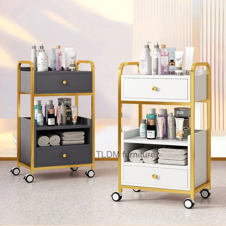 Luxury Iron Salon Handcart with Wheels Modern Nail Beauty Tool Car Simple Rack Handcart Salon Commercial Furniture GY50GP