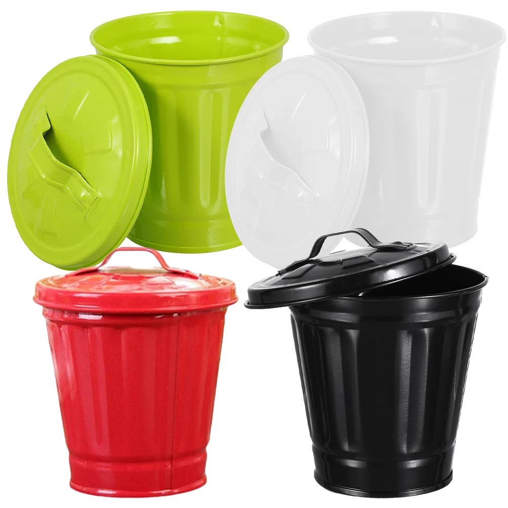 

4pcs Decorative Trash Bin Creative Garbage Can Small Desktop Wastebasket With Lid Home Office Bedroom Use Pen Holder Flower Pot