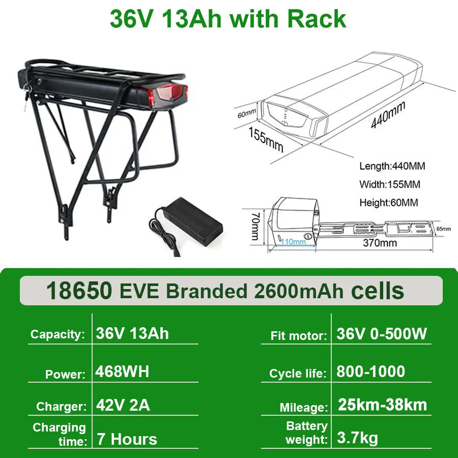 Ebike Batterij 36V 18Ah 17.5Ah 13AH 15H Achterdrager Elektrische Fiets Batterij 18650 27100 Pack voor 36V 250W 350W 500W Motor Kit