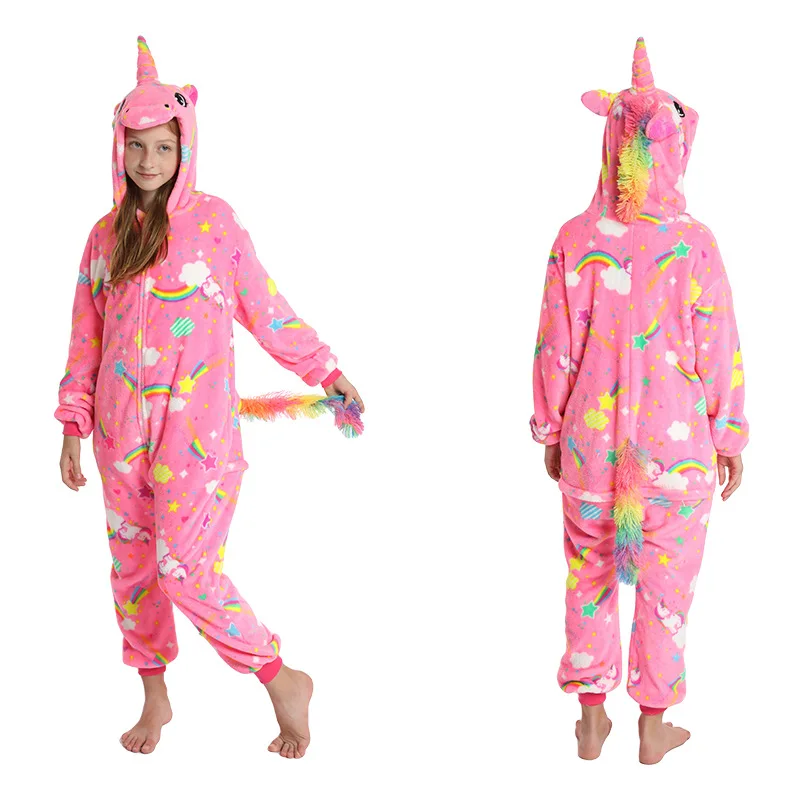 Flannel Winter Warm Rainbow Unicorn Kigurumi Pajamas Girls Sleepwear One Piece Hooded Jumpsuits Cosplay Costume Kids Onesies